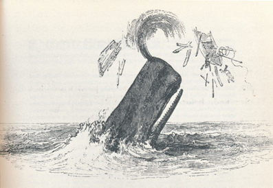 Sperm whale flinging whaleboat and men into the air (image)